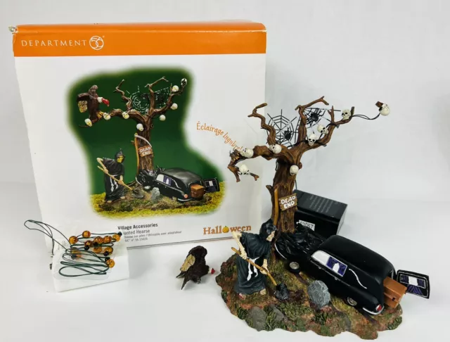 Department 56 Halloween Village Haunted Hearse Graveyard Tree w/ Skulls Lighted