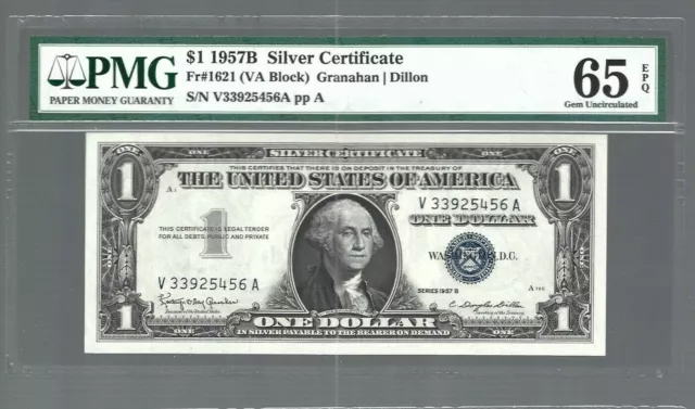US Silver Certificate 1957B ✨ $1 NOTE Fr#1621 ✨ PMG 65 EPQ GEM UNC