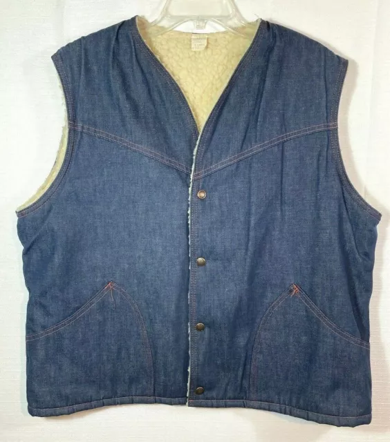 Mens Vintage 70s Denim Sherpa Lined Western Vest XL Snap Front Biker