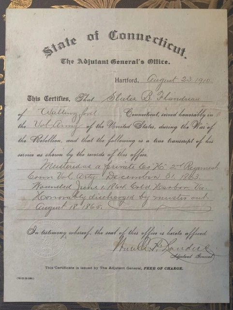 Civil War honorable Discharge Papers 1865 signed on 1910 Connecticut