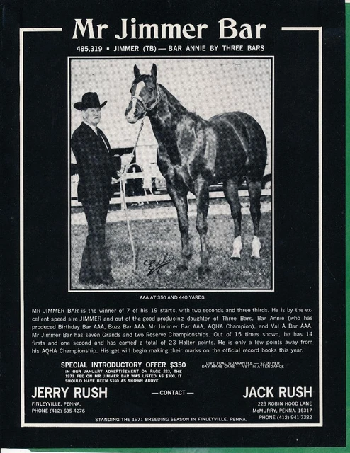Magazine Ad - 1971 - Rush Horse Farm, Finleyville, PA - MR. JIMMER BAR