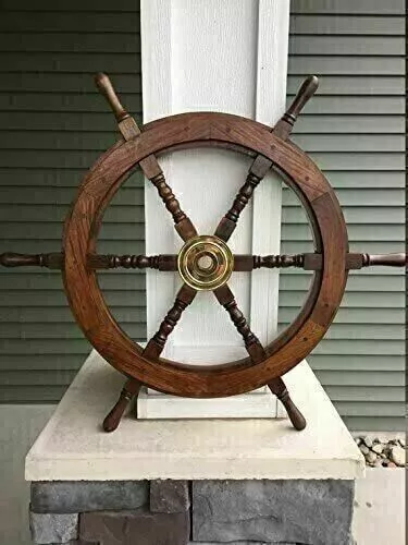 Antique 24" Ship Wheel Nautical Wooden Brass Ship Steering Wheel Wall Decor Gift