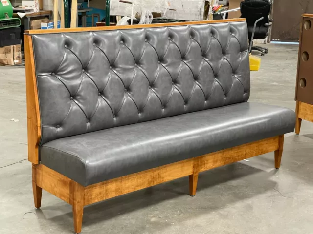 Diamond Tufted banquette, Walnut finish,  wood legs, wood trim