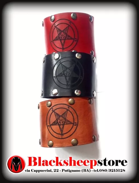 Bracciale in cuoio incisione sigillo Baphomet borchiato satanic 666 black metal