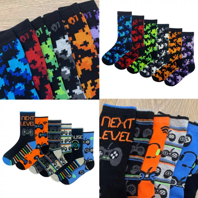 Boys 6 Pack Design Socks Gaming Cotton Rich Stripes Monster Coloured Socks