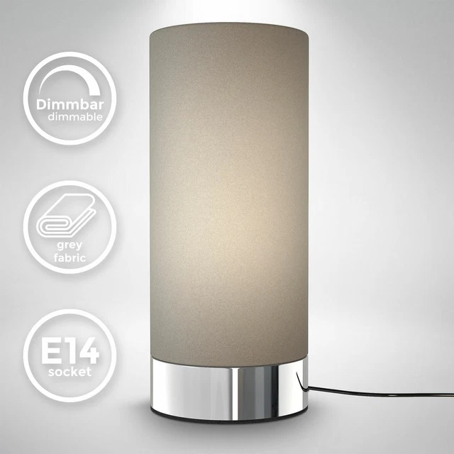 Lampe de table en tissu Taupe fonction tactile gradable E14 socle chromé chambre