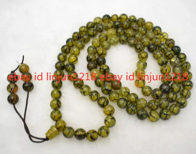 8mm Yellow Dragon Veins Agate Onyx Gemstone 108 Beads Tassels Mala Necklace 2