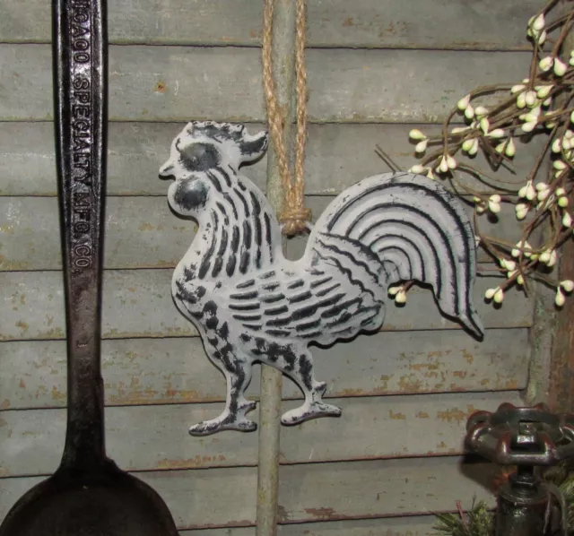 Prim Antique Vtg Style Barnyard Farm Rooster Chicken Hanging Tin Sign Ornament