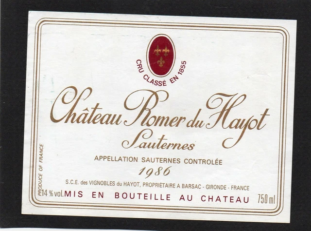 Sauternes Gcc Vieille Etiquette Chateau Romer Du Hayot 1986 75 Cl    §11/10/20§