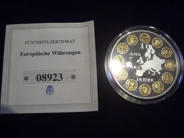 10 € Europa Gedenkmünze, versilbert mit Goldauflage, Echtheits-Zertifikat