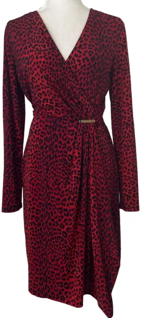 Michael Kors Womens Dress Cat Cheetah Print Faux Wrap Midi Red size Medium