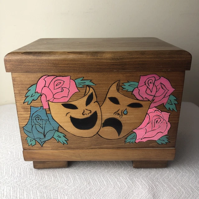 VINTAGE Comedy Tragedy Drama Masks Wood Jewelry Box Felt Lined Hinged EUC VINTAGE Comedy Tragedy Drama Masks Wood Jewelry Box Felt Lined Hinged EUC