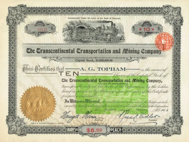 USA TRANSCONTINENTAL TRANSPORTATION AND MINING COMPANY stock certificate/bond