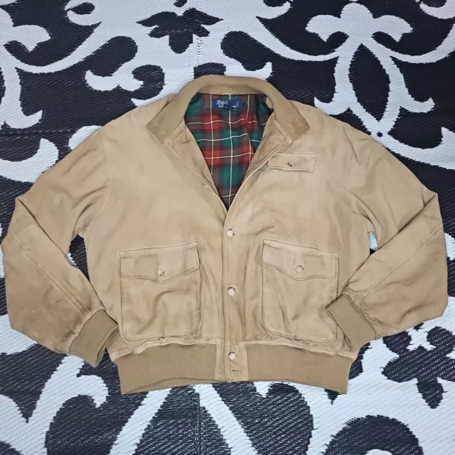 VTG POLO RALPH Lauren Tan Suede Leather Bomber Jacket Plaid Lined Mens ...