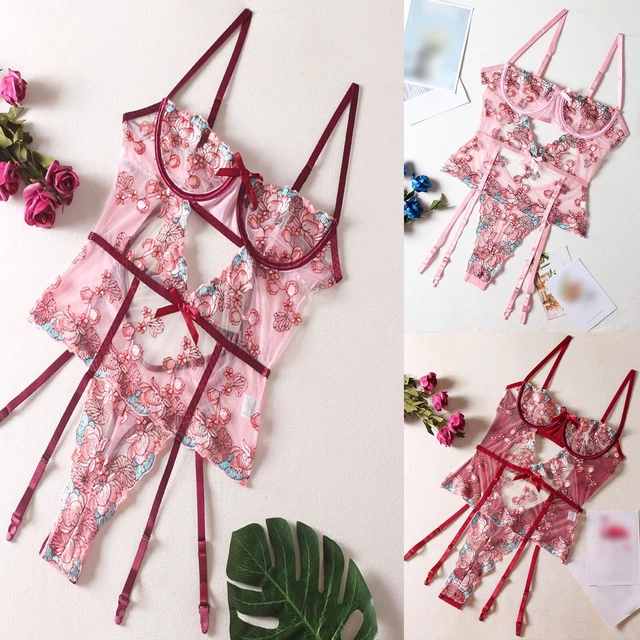 Tuta donna pizzo sexy maglia floreale ricamo trasparente cinturino lingerie sexy