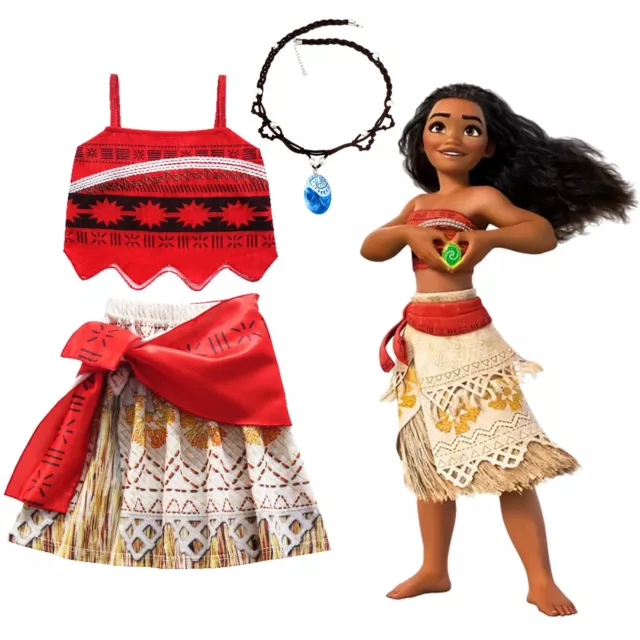 Kids Girls Dresses Moana Movie Princess Cosplay Costume Skirt with Necklace