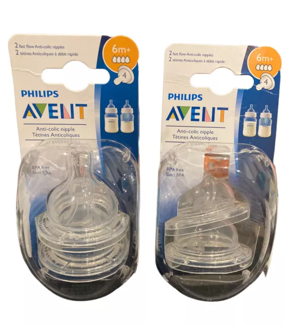 Philips Avent Natural 2 x 2 Pack Fast Flow Anti-Colic Nipples #4  6m+