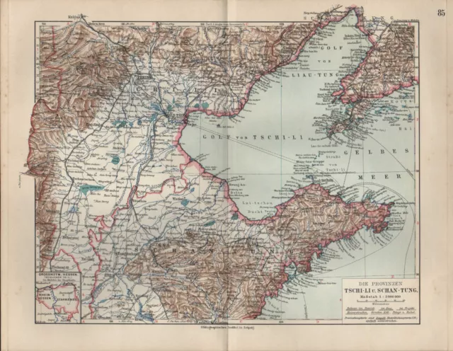 Landkarte map 1912: DIE PROVINZEN TSCHI-LI UND SCHAN-TUNG. China Asien