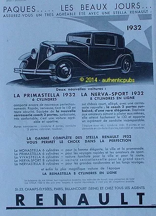 1932 Renault Primatella Nva Sport Reinastella Car Advertisement French Ad
