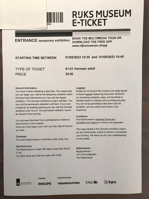2 Tickets Ausstellung VERMEER Rijksmuseum Amsterdam 01.05.2023 10.30 Uhr