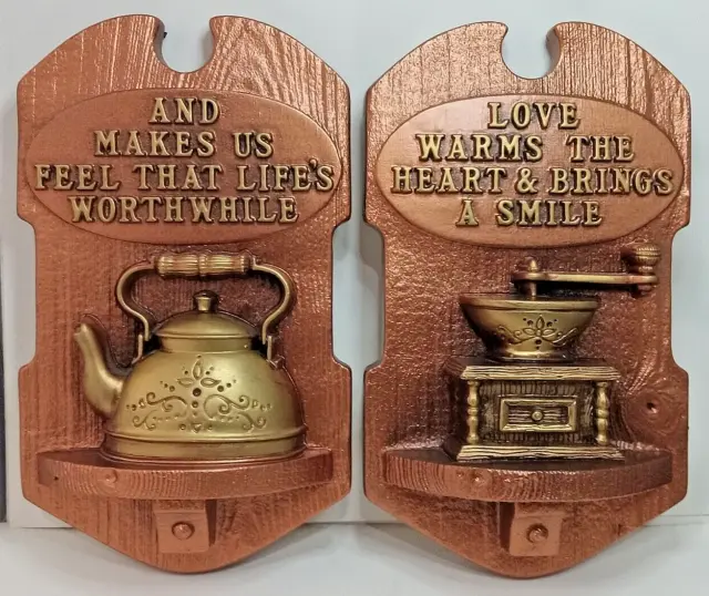 Chalkware Wall Hangings 1978 Tea Kettle Coffee Grinder Copper Gold Miller