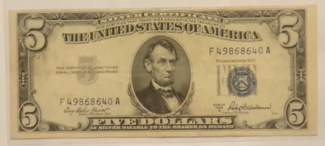 $5 Five Dollar 1953 Silver Certificate Blue Seal Series A Circulated Bill CB92