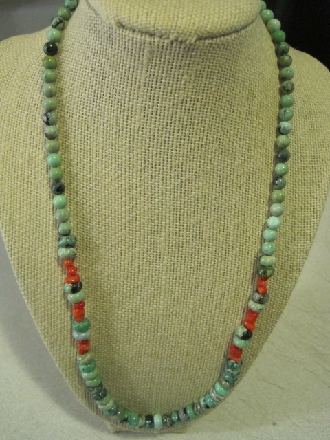 Vintage NECKLACE TURQUOISE & CORAL Genuine Small Uniform & Chip Beads 22"