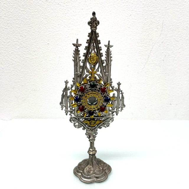 Feinzinn Monstranz 20 cm Puppenstube Hausaltar Altar bunte Steine Reliqie