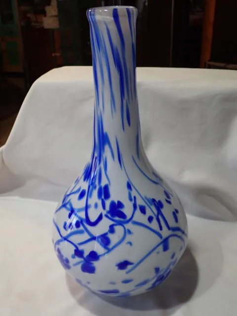 Peter John Art Glass Vase Hand Blown label - Blue and White 13" tall x 7" wide
