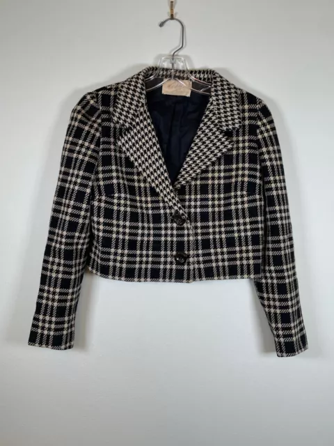 Cisa Cropped Blazer Womens 8 100% Wool Houndstooth 90s Clueless Academia Vintage