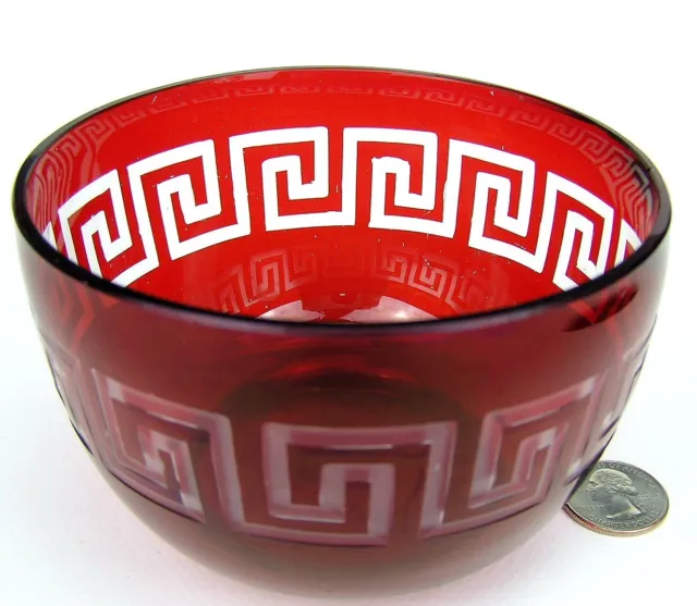 Ruby Red Cut to Clear Bohemian Czech Glass Bowl GREEK KEY