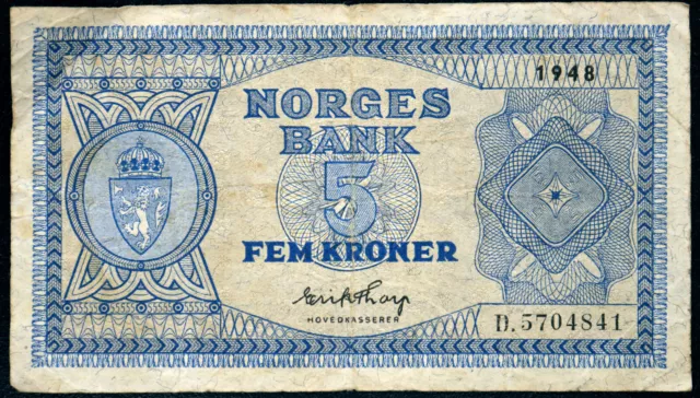 NORWAY 1948 5 Kroner P-25 "Norges Bank" Post-WWI Issue Banknote