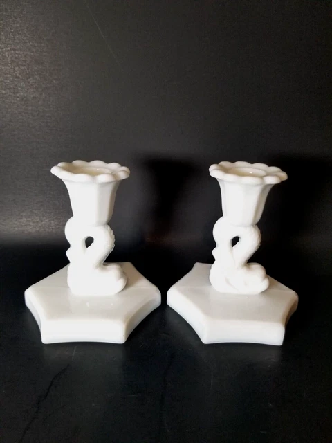 Vintage Westmoreland Set of 2 Milk Glass Dolphin Koi Fish Candlesticks Holders