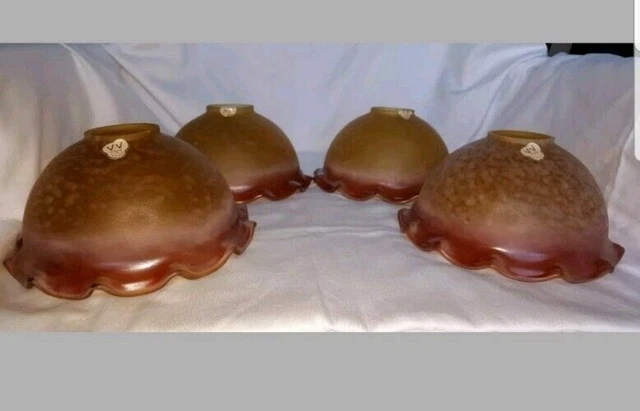 4 VV VIANNE France Mottled Cognac Glass Ruffled Lamp Shades Mouth Blown Lot 4