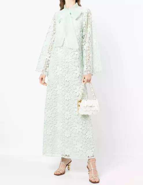 Self-Portrait Green Lace Maxi Dress Tie Neck Loose Long Dress for Women