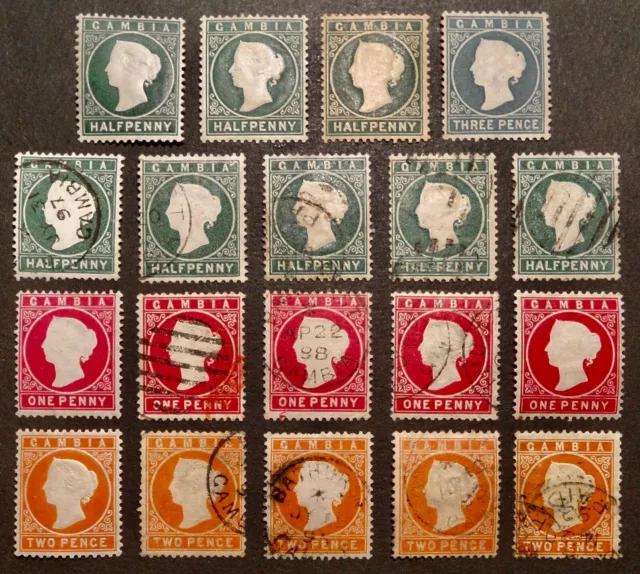 Timbres Gambie (19) Victoria 1/2, 1 et 2 Pence Fil CA Couronne TB