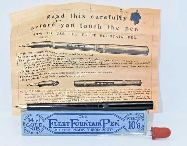 ANTIQUE 1920 BOX+INS Fleet Fountain Pen + Magazine Advert 14Ct Nib Rare