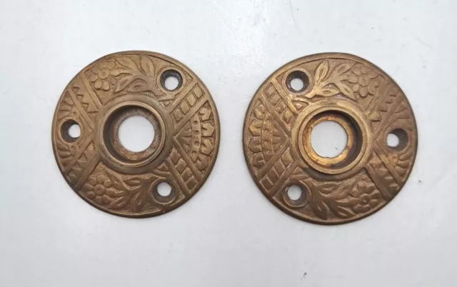 Pair Antique Brass Door Knob Rosettes Victorian Eastlake Fancy Door Hardware