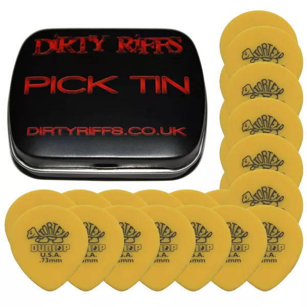 24 x Dunlop Tortex Teardrop Guitar Picks - 0.73mm Yellow In A Pick Tin