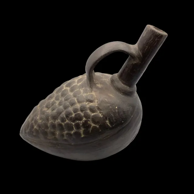 Pre Columbian Black Pottery Sculpture Whistling Vessel Vase Figural Chimu