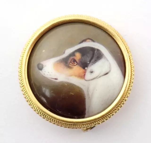 Cute Antique Victorian 18K Gold Porcelain Enamel JACK RUSSELL Dog Portrait Pin