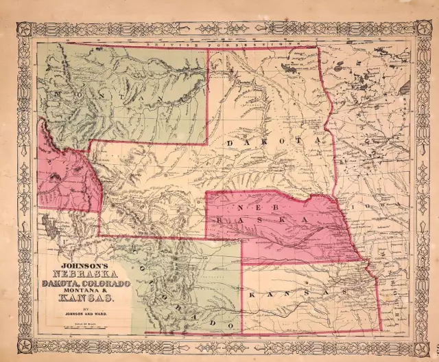 1865 Map NEBRASKA, COLORADO, MONTANA TERRITORIES, Johnson Atlas Map (14x18)#004