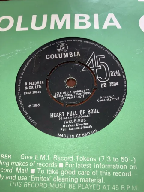 Yardbirds – Heart Full Of Soul 1965 7" Vinyl Single Record - Columbia ‎– DB 7594