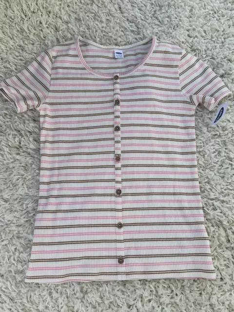 Old Navy Rib-Knit Button-Front Short-Sleeve Top for Girls Pink Stripe New