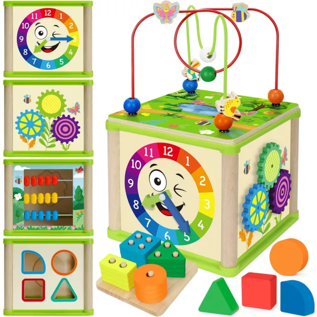 learning toys for toddler 1, 2, 3 years old, 5 in 1 wooden activity cube girl