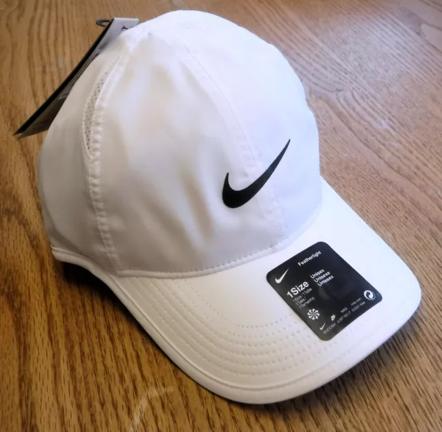 NWT NIKE Dri-Fit Featherlight Adult Adj Tennis/Running Hat-OSFM WHITE/BLACK Logo