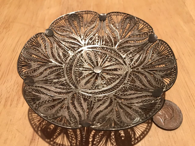 Sterling Silver Bowl ~65g From 80s. Good Condition. Filigree. Size ~100mm