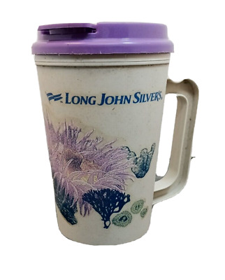 Long John Silver's 1990s 22oz Insulated Cup Mug W Lid Made n USA Shore Shell Art
