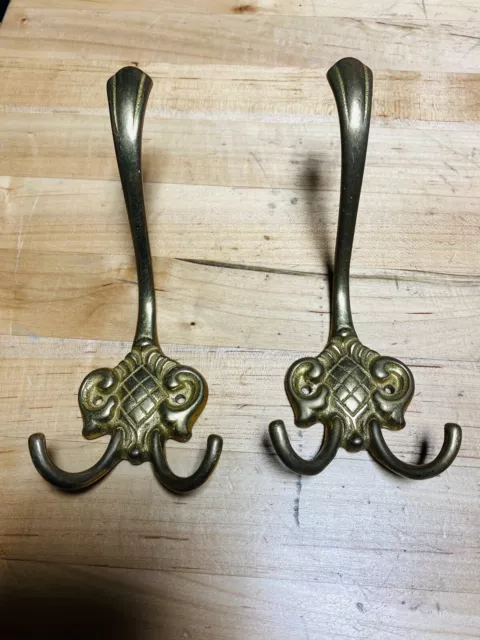 Set of 2 Vtg Antique Style Ornate Solid Brass Triple Coat Key Hat Hanger Hooks