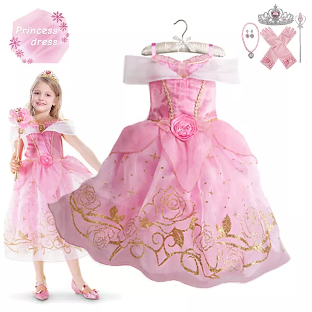 Girls Kids Princess Aurora Fancy Dress Up Sleeping Beauty Costume Birthday Party